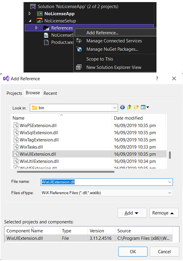 Add a new reference for the WixUIExtension.dll file