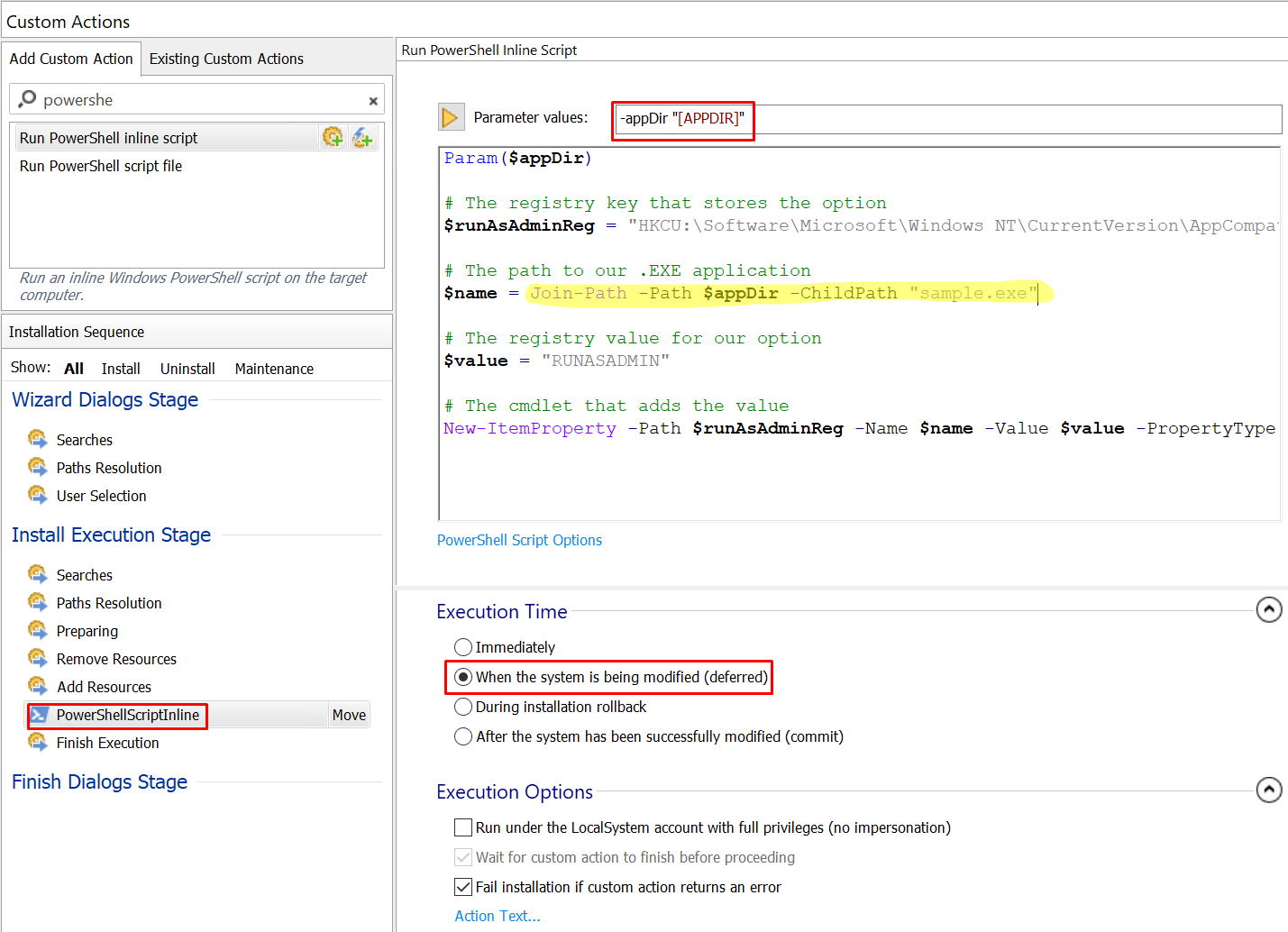 Add PowerShell script in Custom Actions