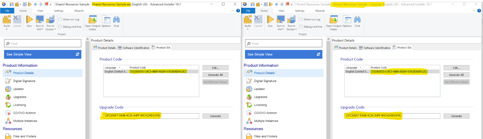 Side-by-side aip files GUID comparison