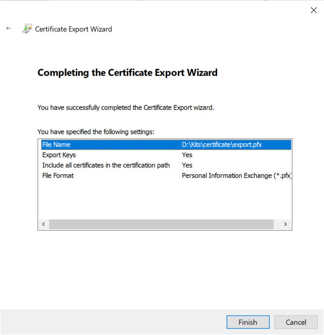 Completed Certificate Export Wizard