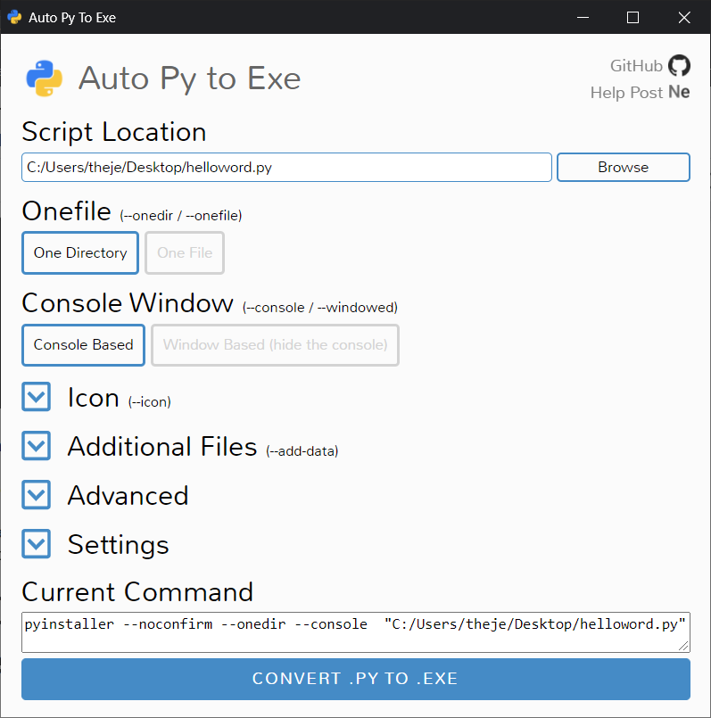 Convert python script to exe