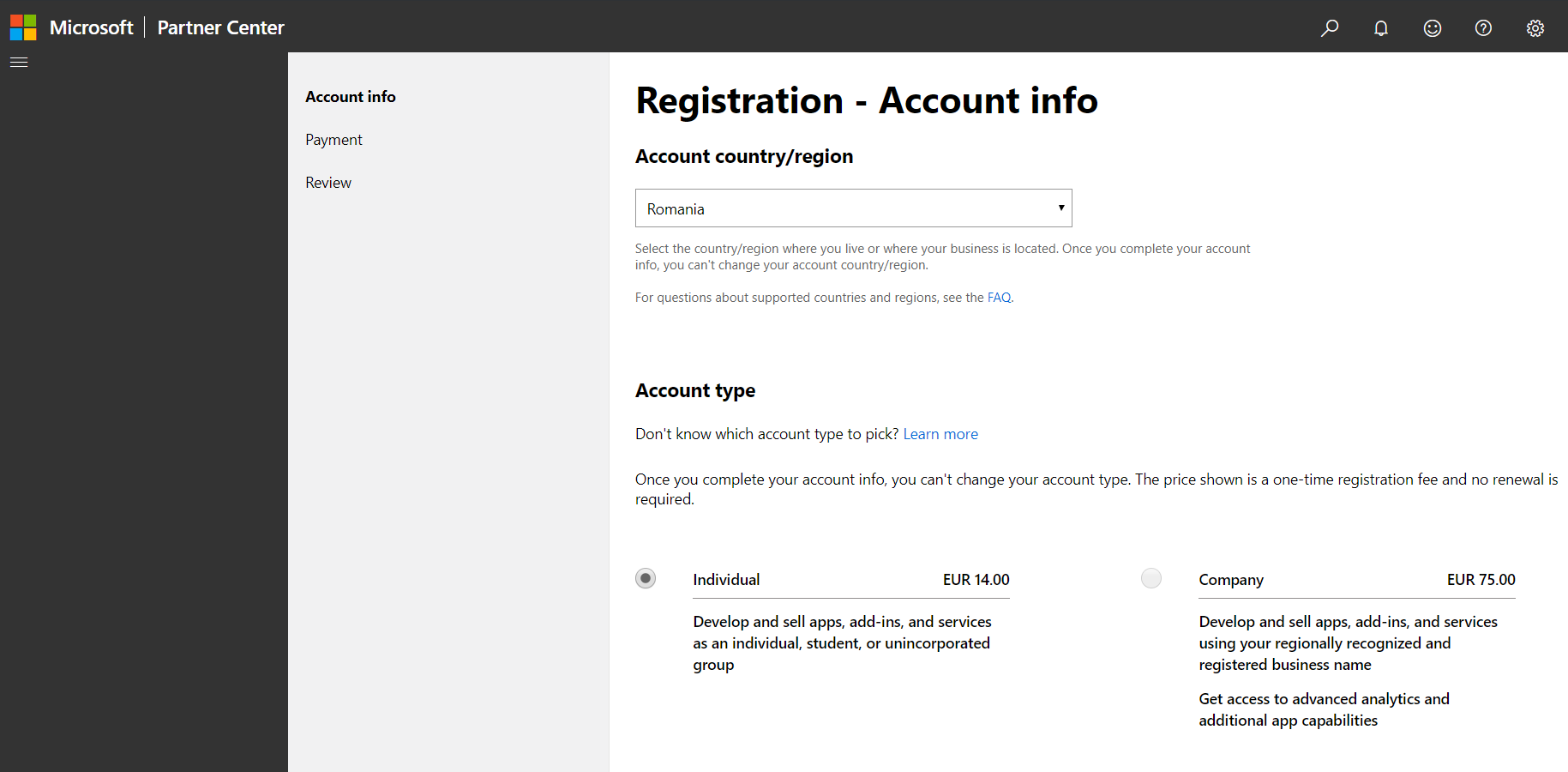 Create Account on Microsoft Partner Center