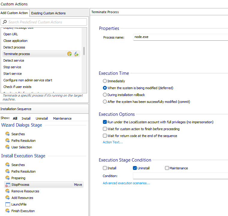 Custom Actions Terminate Process