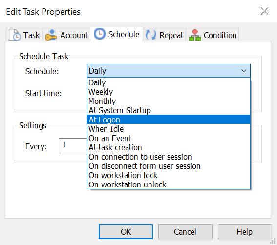 Edit task properties account schedule