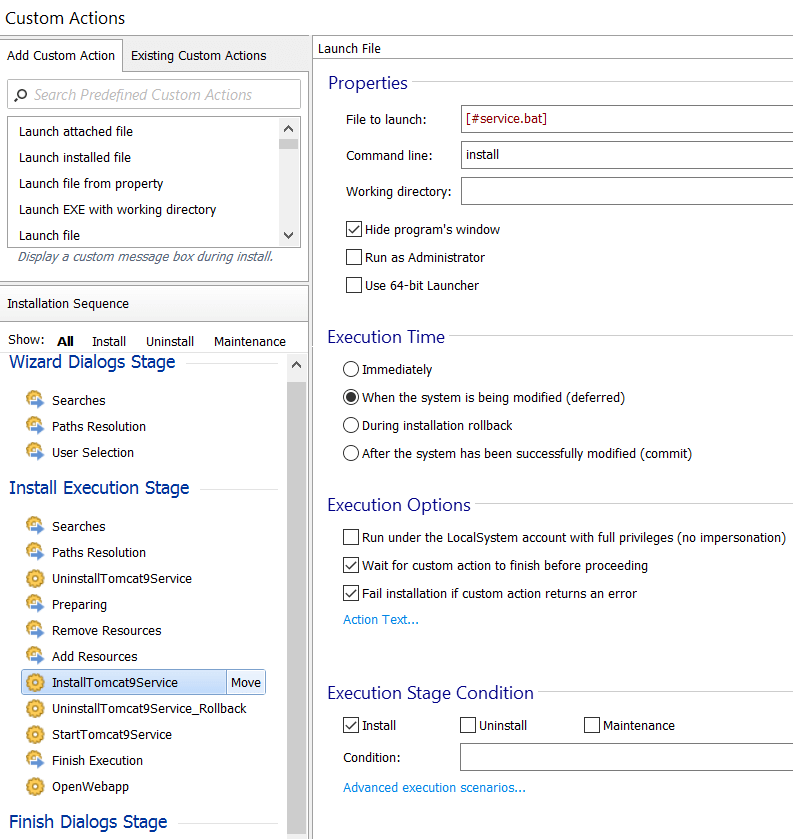 Install Tomcat service custom action