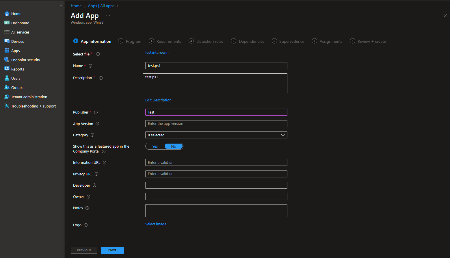 Intune App Information view