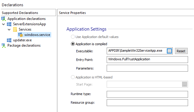 Msix service declarations