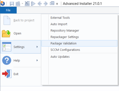 Navigate to package validation in advanced installer