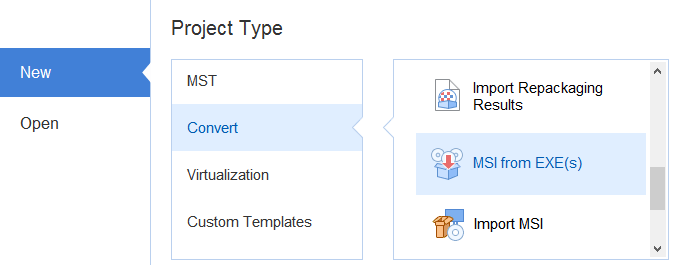 New "Create MSI from EXE packages" project