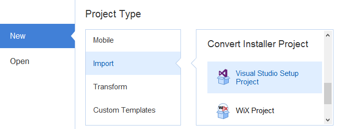 Start a "Visual Studio Setup Project" project type