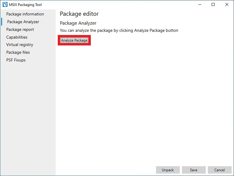 Package Analyzer in MSIX Packaging Tool