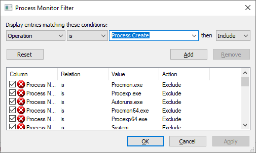 Process Monitor Filter Configuration