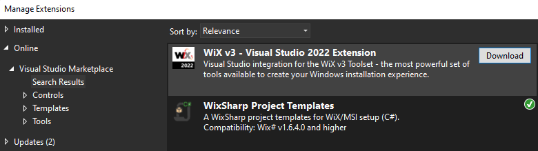 Search for WiX Toolset Visual Studio Extension