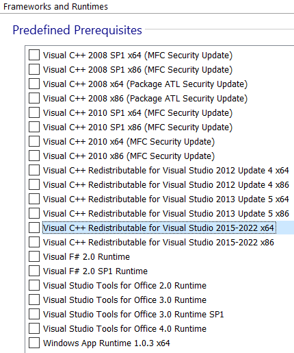 Select visual c++ prerequisite