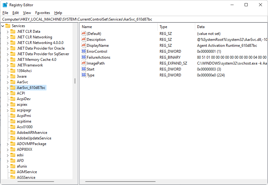 Services configuration in the Registry