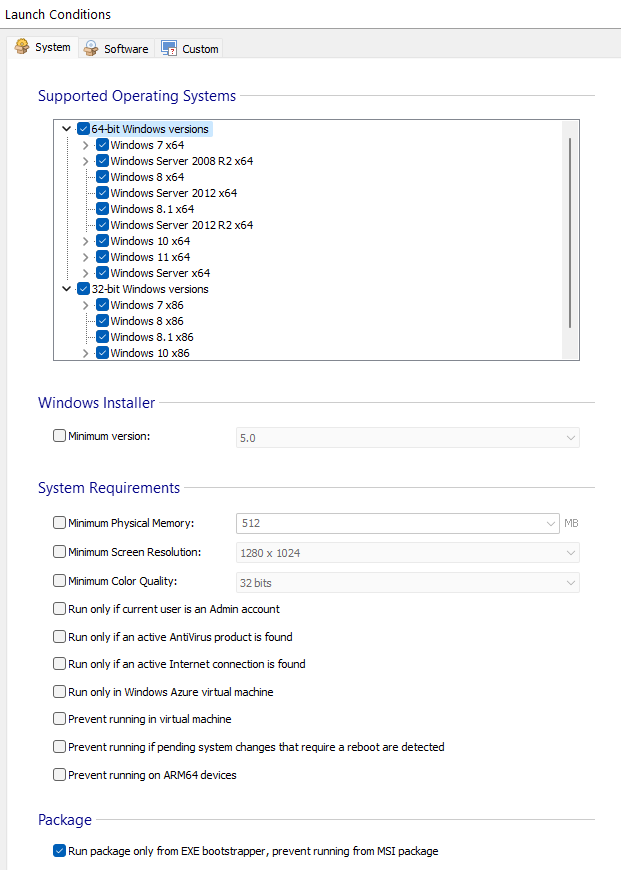 System launch conditions