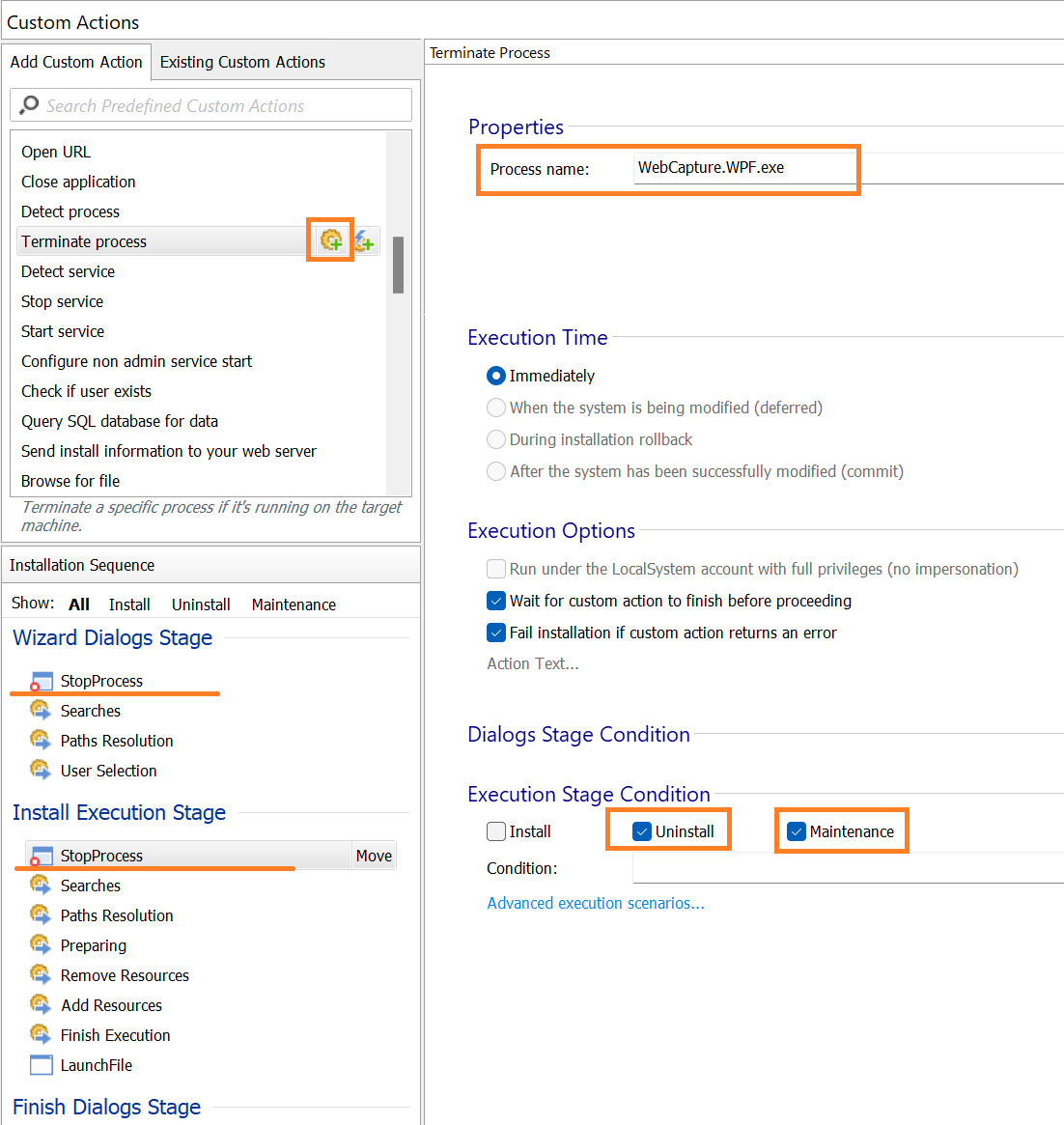 Terminate process custom action