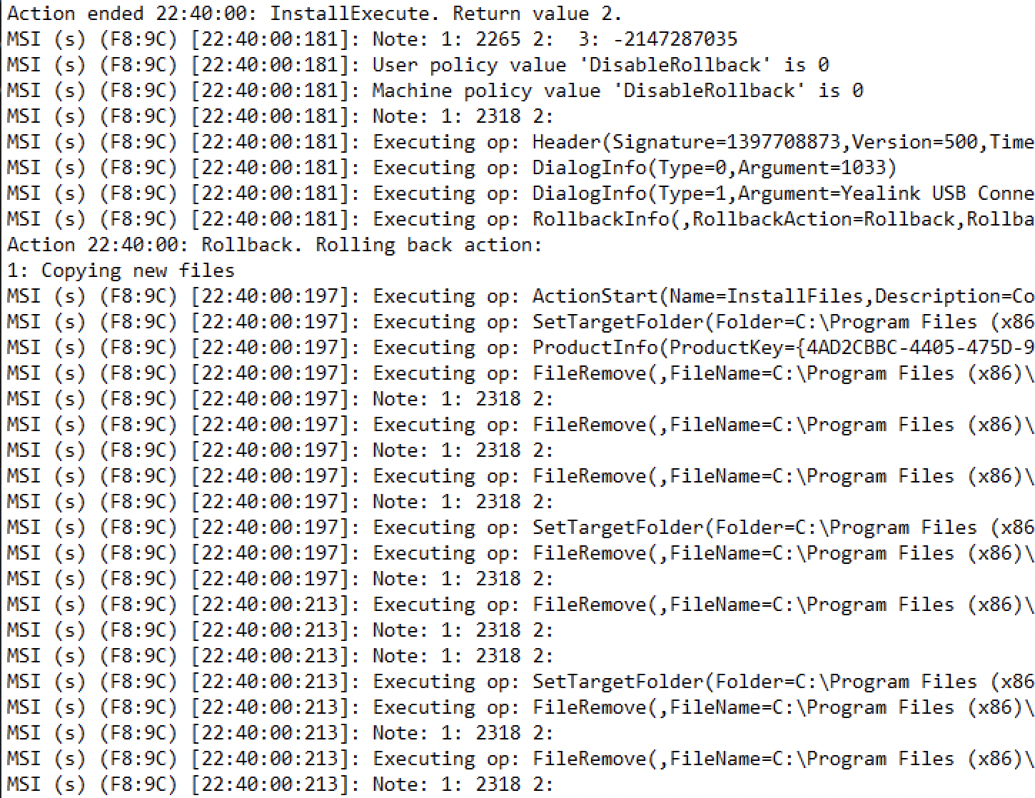 Track the rollback action in the log file