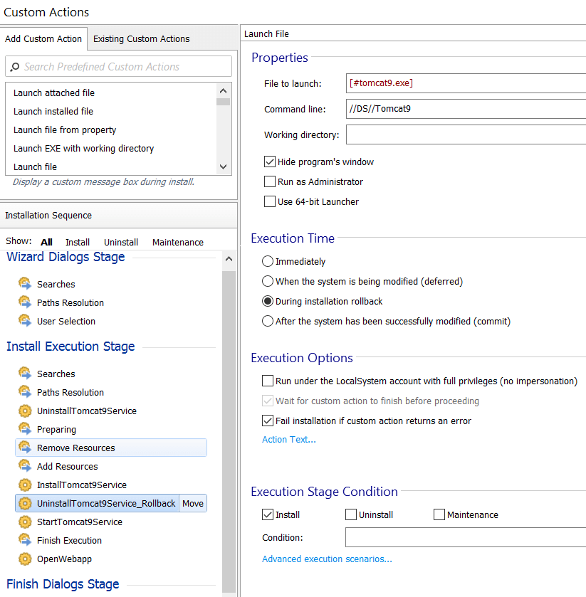 Uninstall Tomcat service custom action on rollback