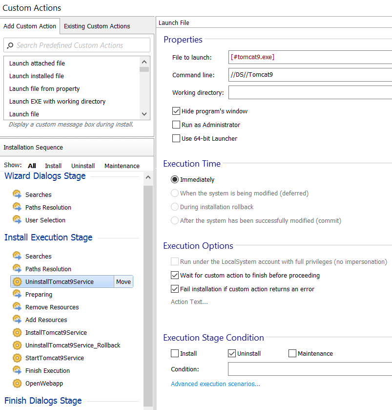 Uninstall Tomcat service custom action