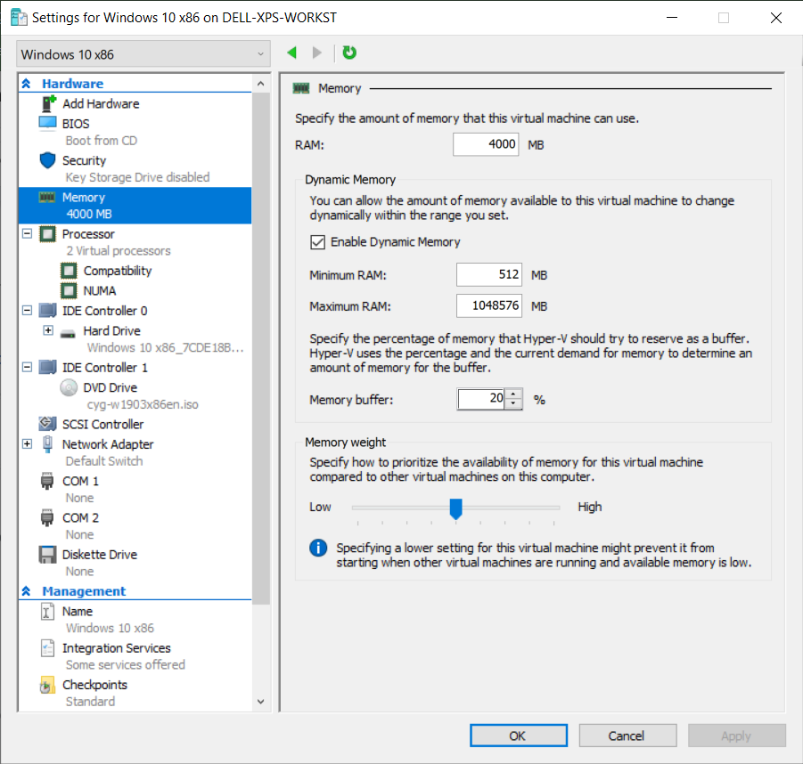 Example of virtual machine settings in Hyper-V