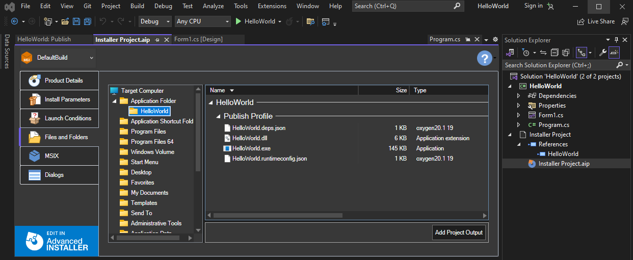 Visual Studio solution included in the installer project