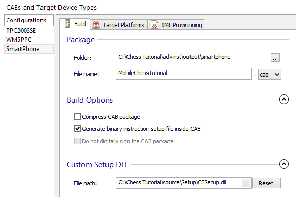 Configurations Page, Build Tab settings