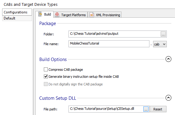 Configurations Page, Build Tab