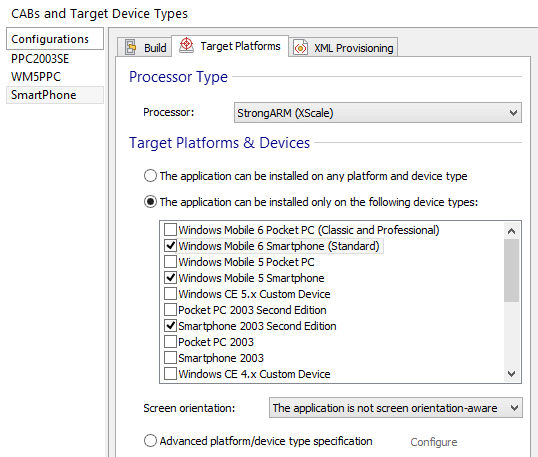 Configurations Page, Build Tab settings