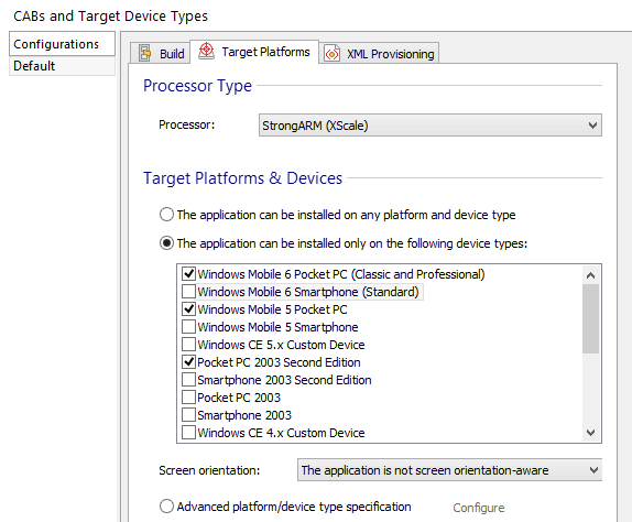 Configurations Page, Target Platforms Tab settings