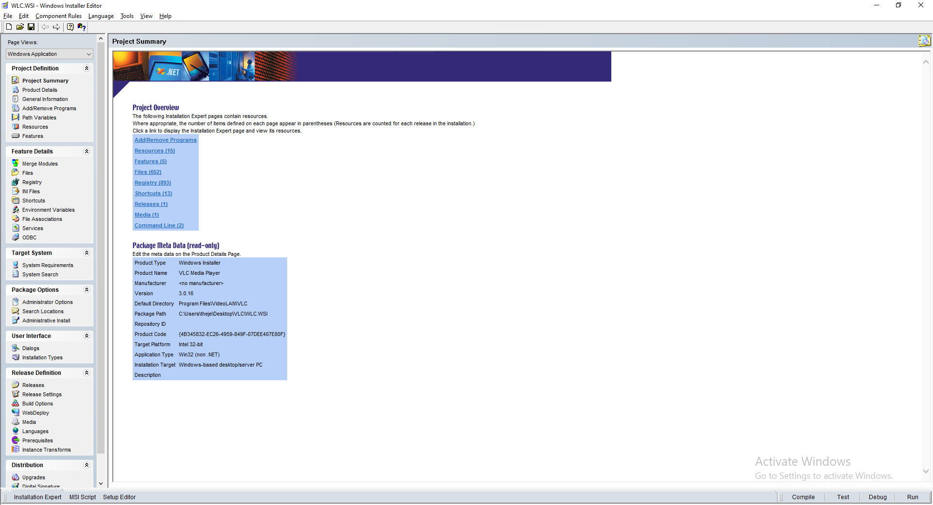 Main Window of Wise Installer Editor