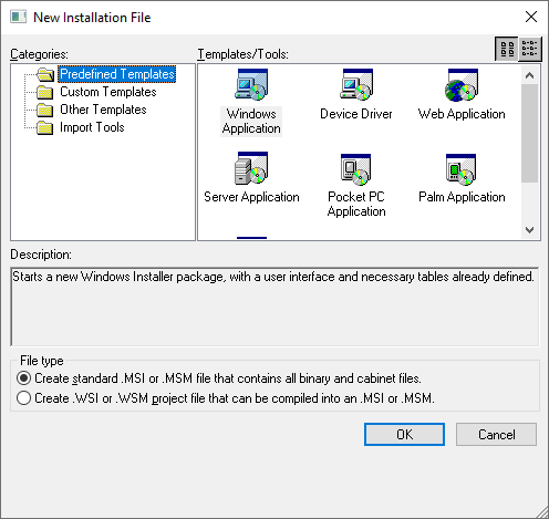 New Installer window in Wise Package Studio